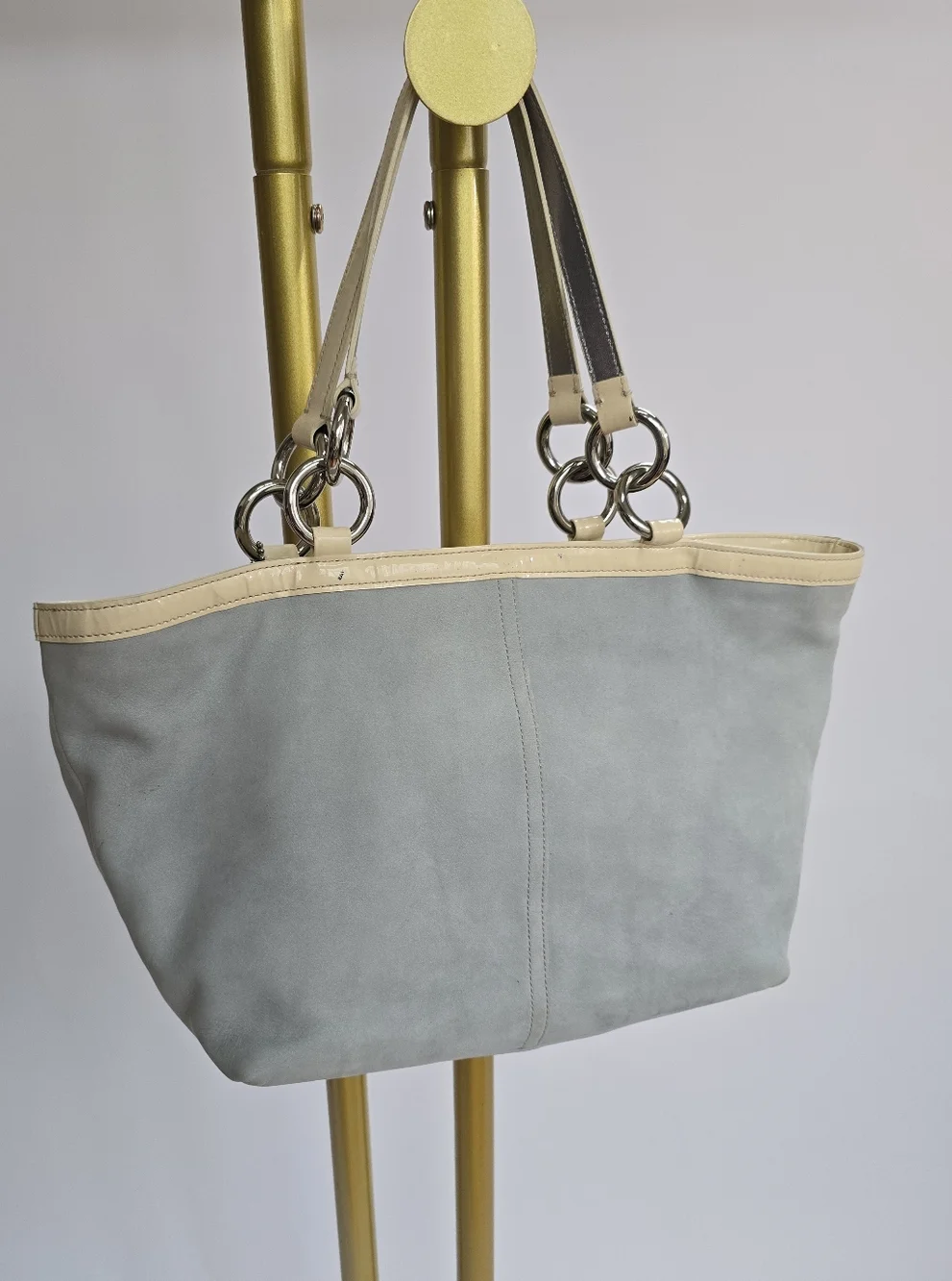 COACH Light Blue Suede Shoulder Purse with Cream Trim Hampton